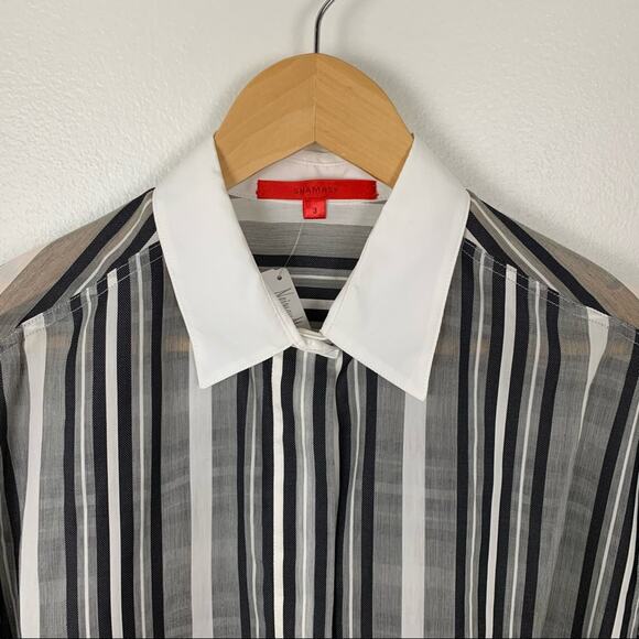 Shamask Striped Sheer Hidden Button Up Top - Picture 3 of 10